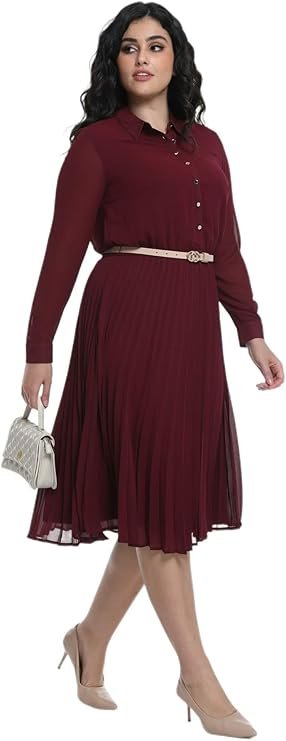 Business Casual Shirt Dress for Women Long Sleeves Pleated Midi Dresses with Belt