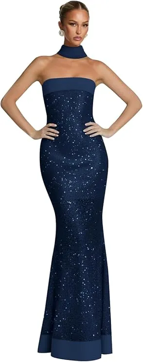 Strapless Sequin Prom Dresses for Women Mermaid Sparkly Long Evening Party Dress with Scarf