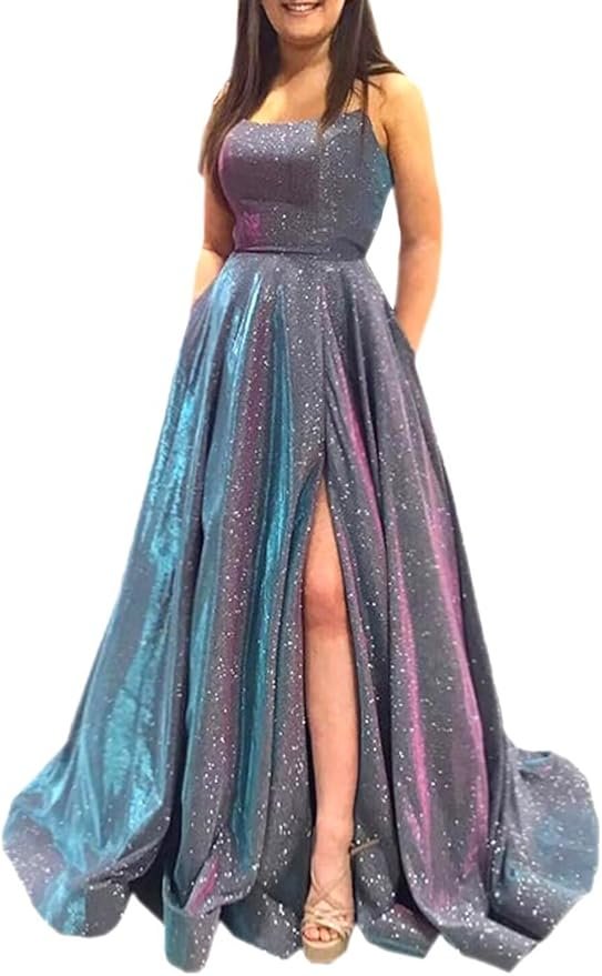 Prom Dresses Long A Line with Pockets Formal Evening Ball Gowns Side Slit Glitter Party Dress