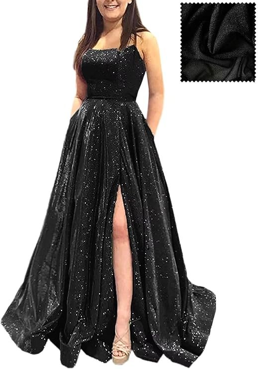 Prom Dresses Long A Line with Pockets Formal Evening Ball Gowns Side Slit Glitter Party Dress