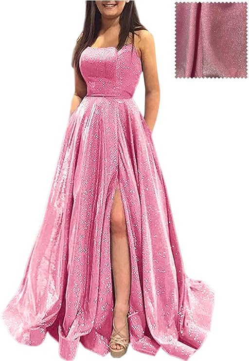 Prom Dresses Long A Line with Pockets Formal Evening Ball Gowns Side Slit Glitter Party Dress