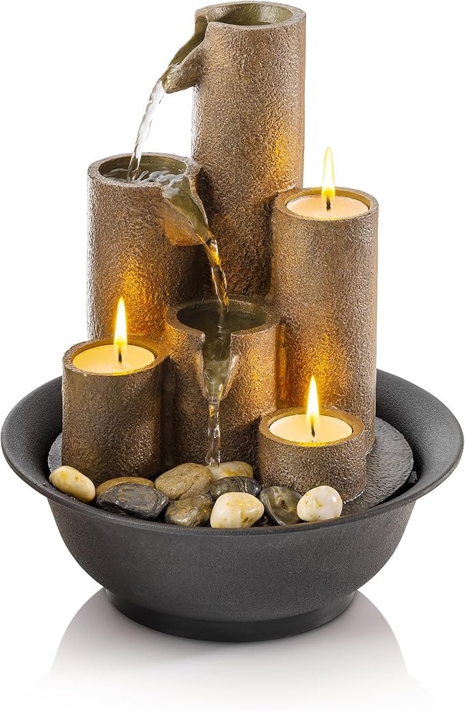 150 Trending Home Decor Products 10 Alpine Corporation WCT202 Indoor Tabletop Tiered Water Fountain Featuring 3 Candles for Desktop and Table, 11", Brown