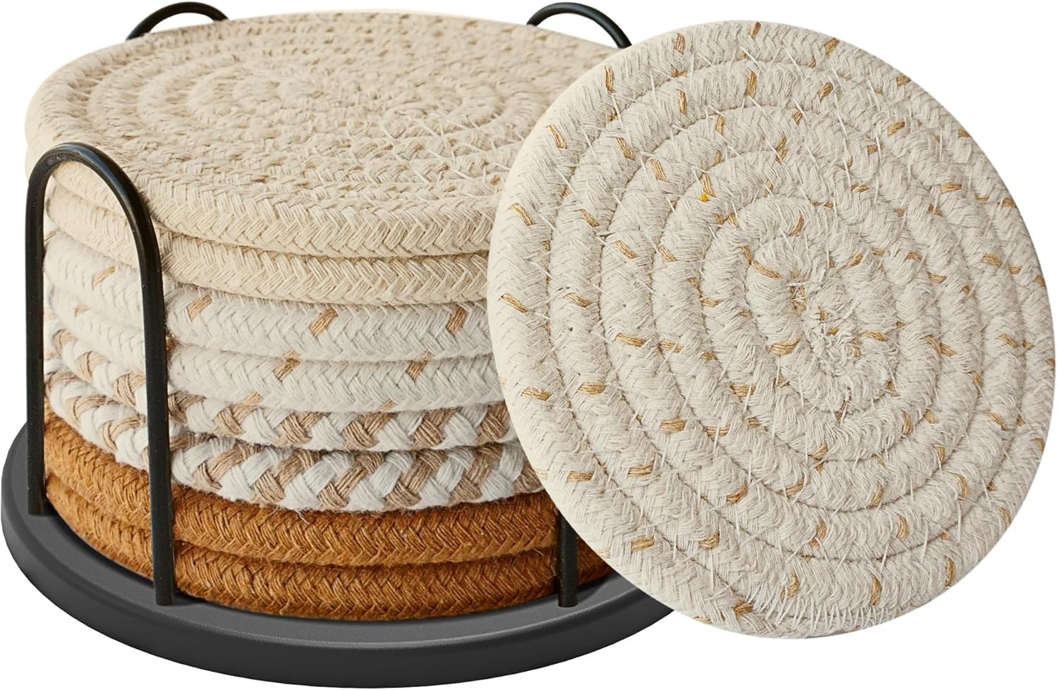 150 Trending Home Decor Products 9 Coasters Set of 8 for Drinks, Beer, Coffee, Cotton Woven 4 Colors Absorbent Coaster with Holder, Boho Coasters for Home Decor Tabletop Protection Suitable for Kinds of Cups, Coffee