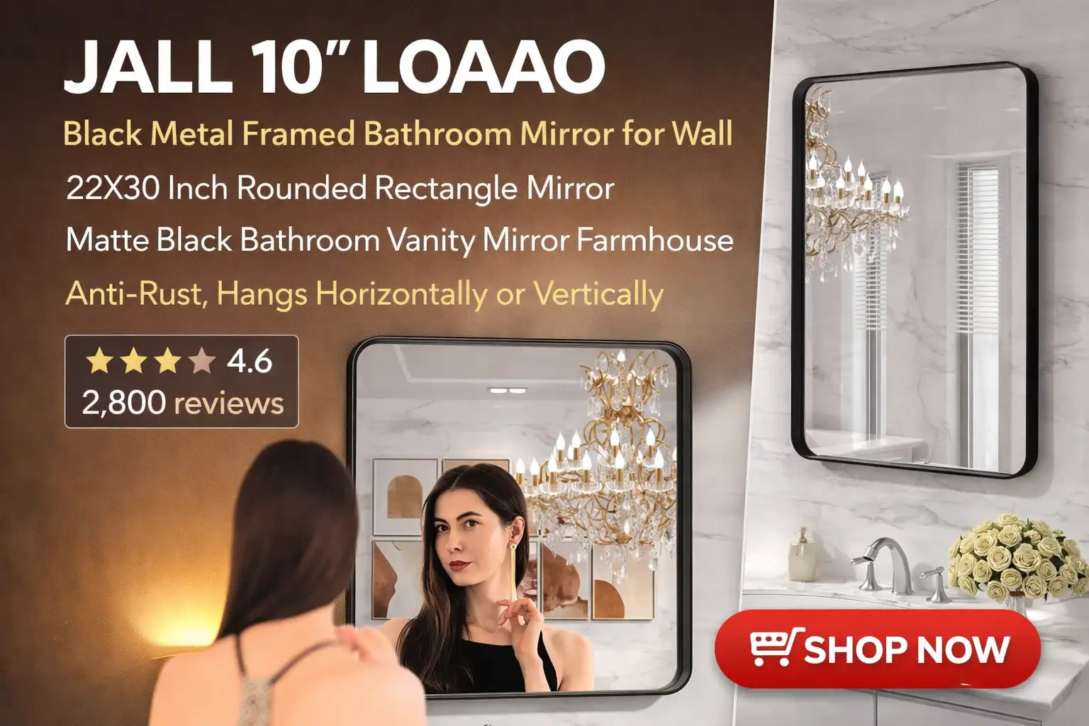 LOAAO Black Metal Framed Bathroom Mirror for Wall, 22X30 Inch Rounded Rectangle Mirror, Matte Black Bathroom Vanity Mirror Farmhouse, Anti-Rust, Hangs Horizontally or Vertically